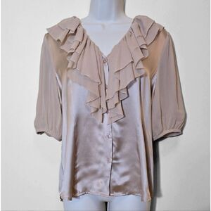 Marc Bouwer 100% Silk Ruffle Collar Blouse Medium Career Quiet Luxury Minimalist
